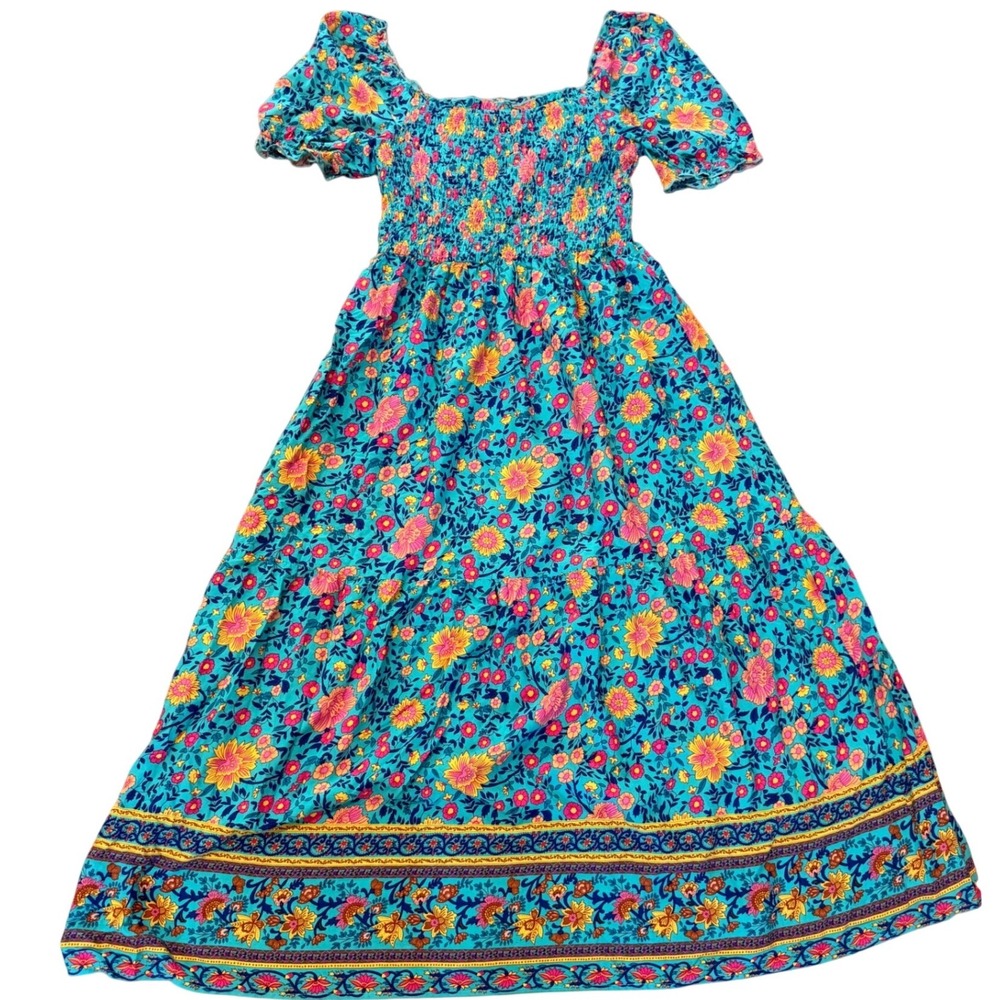 Colorful Floral Smocked Maxi Dress Puff Sleeve Cottagecore Boho